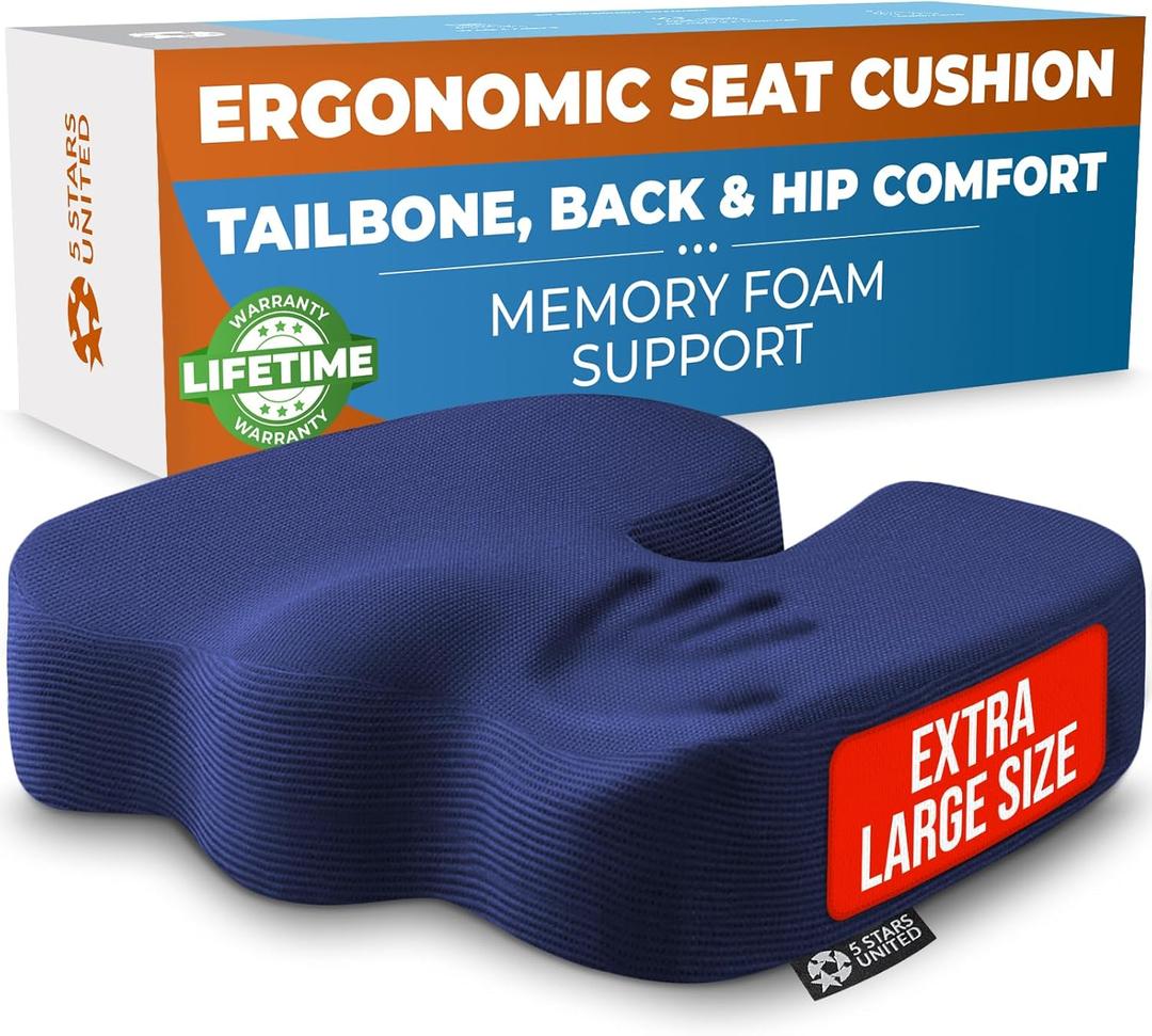 5 STARS UNITED Seat Cushion for Tailbone Pain Relief  Large Memory Foam Cushion for Coccyx, Hip, Sciatica & Post-Surgery Recovery  Wheelchair, Car, Desk, Gaming & Office Chairs, Blue