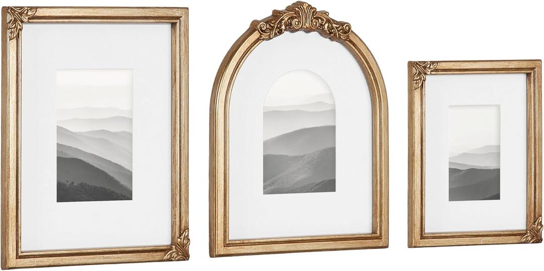 Kate and Laurel Arendahl Three-Piece Picture Frame Set, Antique Gold, Set of 3, Varying Sizes, Vintage Rectangle and Arched Photo Frame Set for Use as Gallery Wall Frames