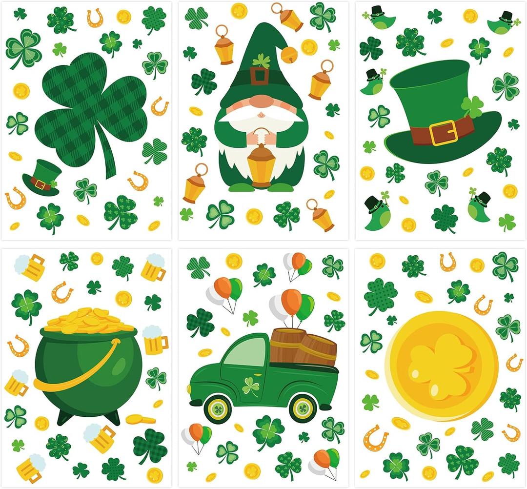 4 x 6 Pcs St Patricks Day Decorations Window Clings, Green Static Shamrock Window Stickers Reusable Spring Window Clings for Indoor Office School Home St Patricks Day Theme Party Decorations Supplies