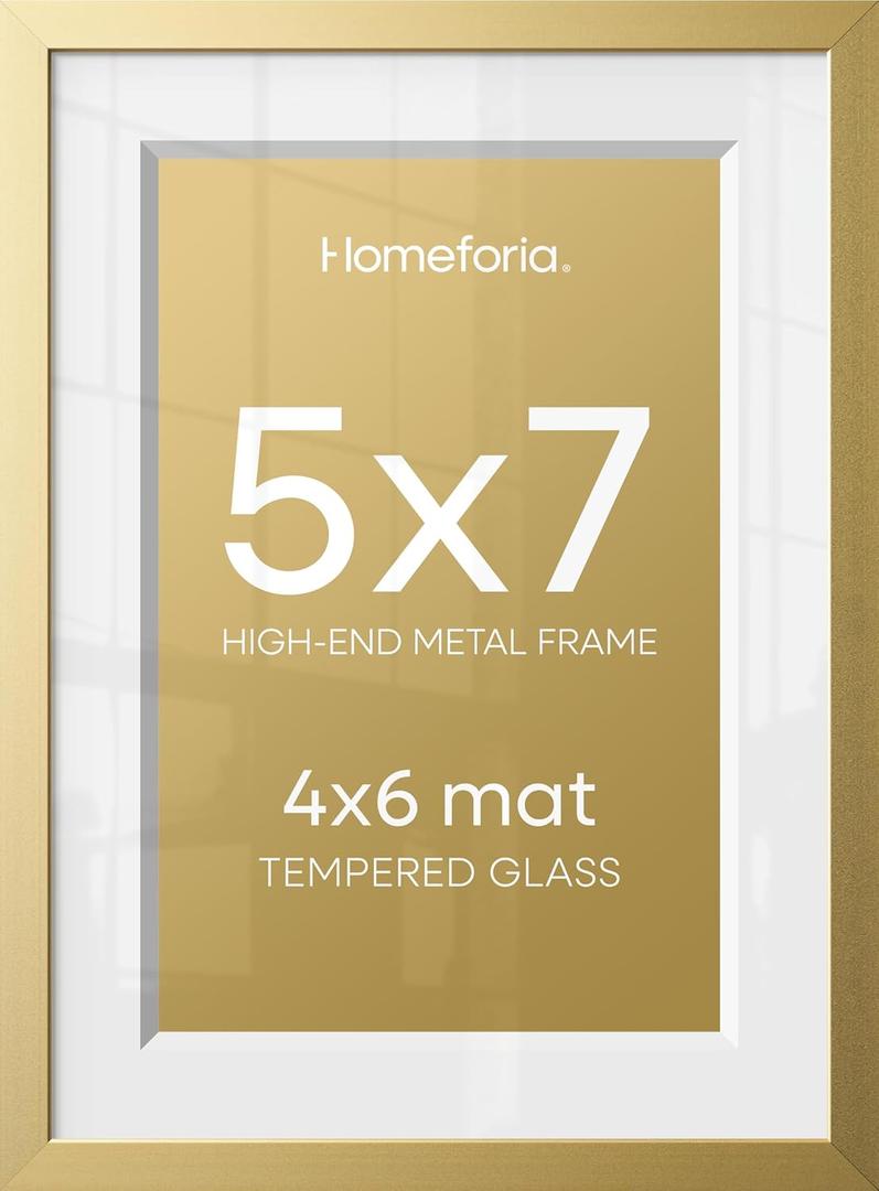 5x7 Picture Frame Gold, High End Metal 5 x 7 Gold Frames with Mat 4 x 6 for Print, 5by7 Desk Frame Matted to 4x6 inch Photo, 5 by 7 Wall or Tabletop Frame, Tempered Glass, Wall Kit, Set of 1