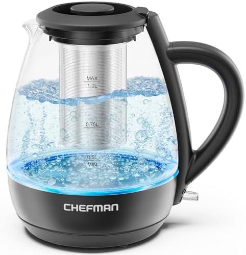 Chefman Electric Kettle with Tea Infuser, 1 L 1500 W, Removable Lid for Easy Cleaning, Boil-Dry Protection, Stainless Steel Filter, BPA Free, Auto Shut Off Hot Water Boiler, Small Electric Tea Kettle