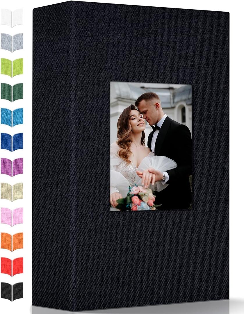Photo Album 4x6 with 300 Pockets,Slip-in Picture Albums,Linen Cover Memory Book with Front Window,White Page Vertical Photo Book for Wedding,Family,Anniversare,Baby,Vacation (Black)
