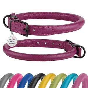 Rolled Leather Dog Collar Soft Round Collars, ID Tag for Small Medium Large Dogs (14-17 inch, Pink Berry)
