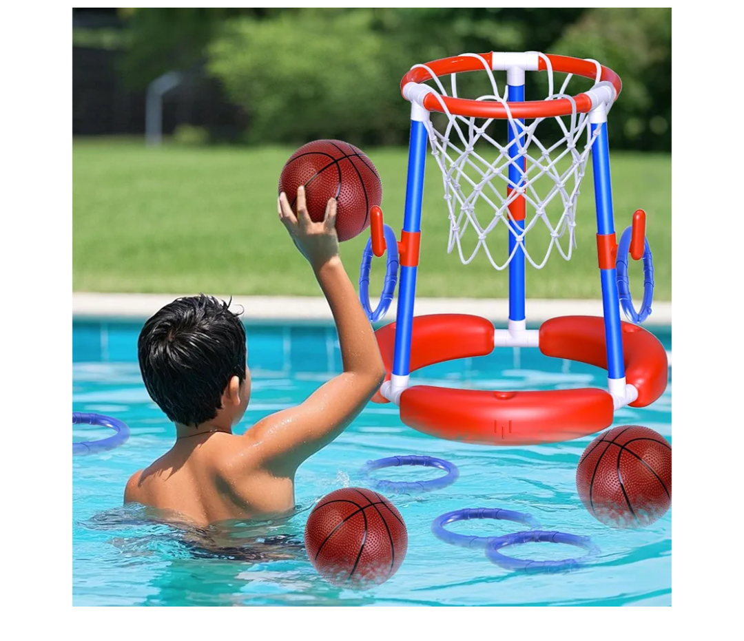 Pool Basketball Hoop Floating Ring Toss Game,Pool Toys for Kids Summer Toys,Birthday Gifts for Kids,Family Pool Party,Swimming Pool Basketball Hoop Include 2 Balls,6 Ring and 1 Pump,Blue