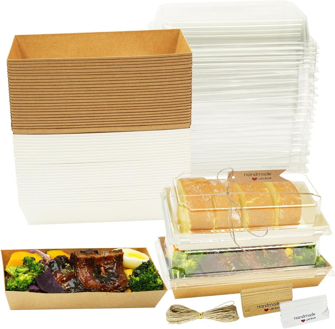 50 Pack Small Charcuterie Boxes with Clear Lids 7.5"Lx 3.3"W- To Go Paper Mini Treat Containers,Rectangle Disposable Bakery Containers, Dessert Boxes for Cookie, Cake Slice Sandwich Chocolate (50)