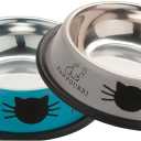 2 Pack Printed Stainless Steel Cat Bowls  8.1 fl oz Anti-Skid Food & Water Cat Feeding Bowls|Cat Dish for Food and Water Bowl|Cat Feeding Bowl for Kitten (Blue & Grey)