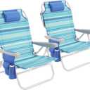 SUNNYFEEL Low Beach Chair 2 Pack, 5-Position Lay Flat Reclining, Backpack Portable Folding Chairs with Cooler Bag & Cup Holder, Heavy Duty 350 LBS, Compact for Beach, Camping, Travel