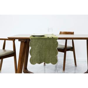 100% Natural Linen Rustic Scalloped Embroidery Table Runner 48 Inches, Linen Table Runner 14 x 48 Inch Ideal for Dresser and Dining Tables Decor, 2-4 Sets, 14x48'',Olive Green(Edges-Gold)