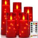 Raycare Flameless Candle with Remote Timer  5 Flickering Acrylic Battery Operated LED Pillar Candles with Embedded Star String for Halloween, Home Decor, and as a Gift(Red)