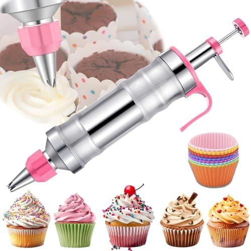 Hendiy Dessert Decorating Syringe Set, Frosting Piping Kit Stainless Steels Cake Decorating Kit with 6 Piping Tips & 9 silicone cupcakes, Cupcake Decorating Kit Piping Bags and Tips Set