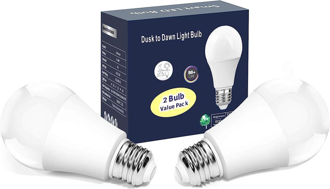 Torkase 13W Dusk to Dawn Light Bulbs- No Timer Required, 1100lm(100W Equivalent), 6000K Daylight, E26 A19 Automatic Sensor LED Bulbs, Built-in Photocell Detector for Boundary,Garage,Patio, 2-Pack (Cool White)