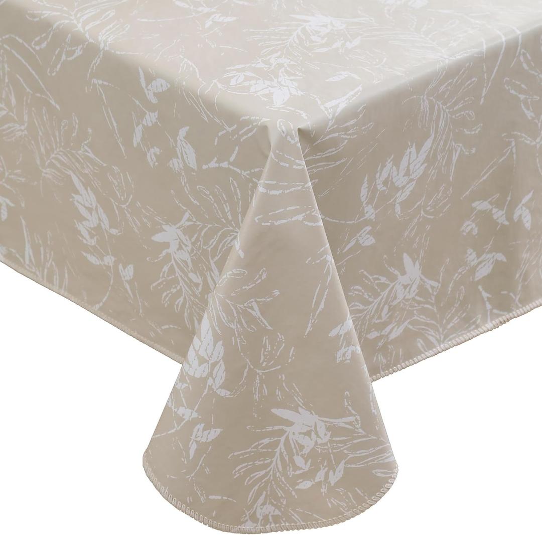 Heavy Duty Vinyl Tablecloth with Flannel Backing Waterproof Oil-Proof Plastic Table Cloth Stain-Resistant Wipeable Rectangle or Square Table Cover for Indoor and Outdoor (Beige Leaf,60x84 Inch)