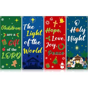 FuWeave 4 Pcs Christmas Banners for Church, Religious Nativity Church Banners with Scripture, Jesus' Birthday Scene Welcome Hanging Sign Banner for Classroom, Sanctuary Wall Christmas Decoration