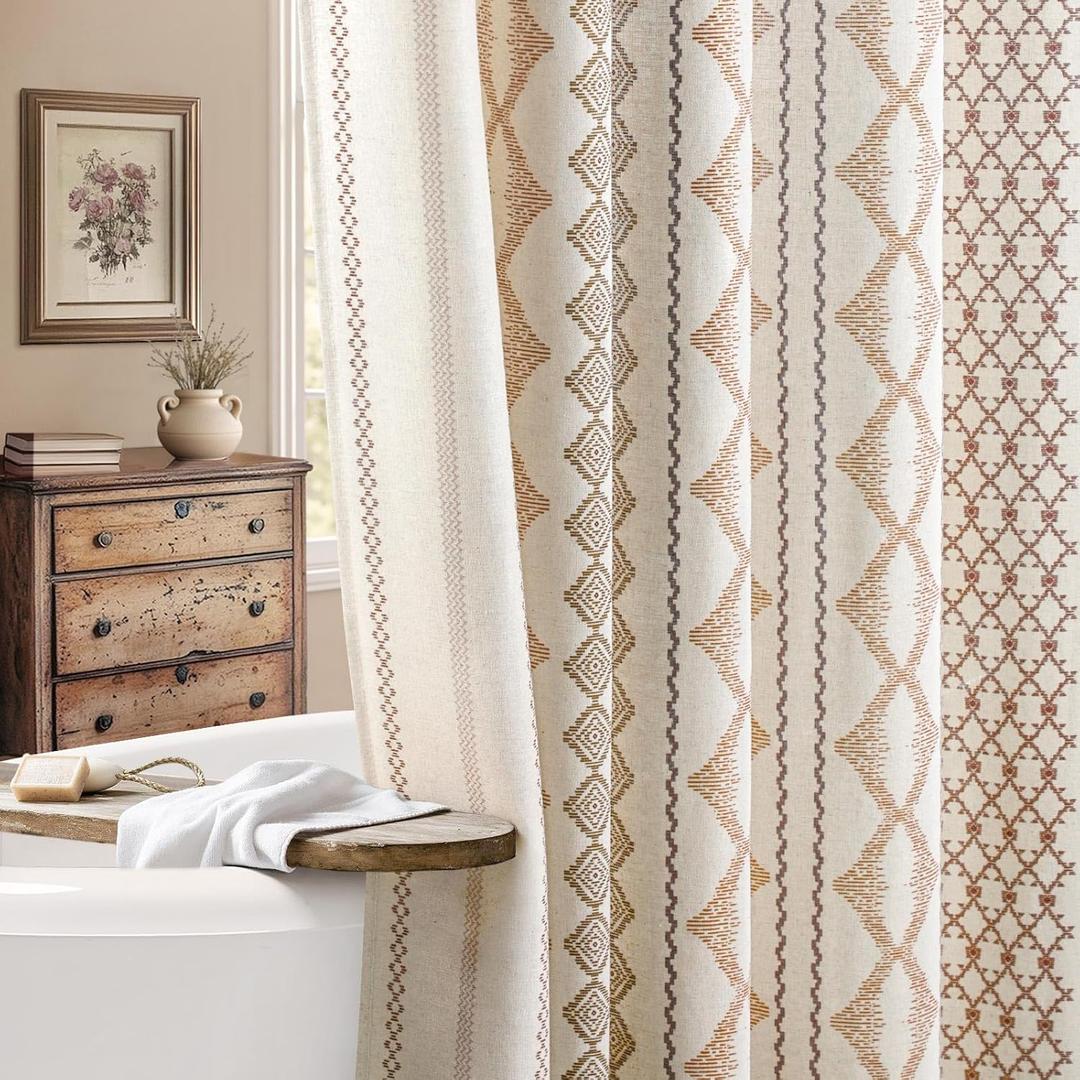 Boho Linen Shower Curtain for Bathroom with Striped Print,72" W x 72" L,Beige