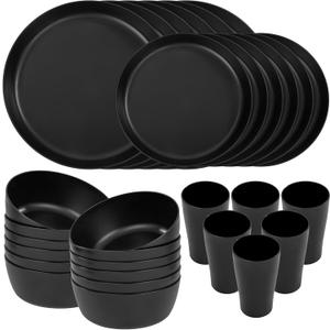 EI 24pcs Black Wheat Straw Plates,Wheat Straw Dinnerware Set,Plates and Bowls Sets,Reuasble Plate,Unbreakable Dinner Plate Heavy Duty Plastic for Picnic Outdoor Activities Dormitory Kitchen