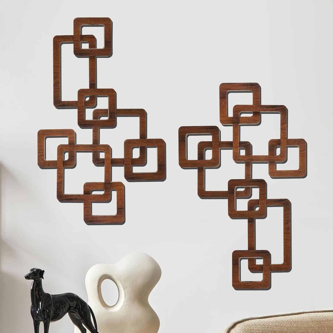 CroBlissful 2 Pcs Wooden Mid Century Modern Wall Decor 3D Mid Century Modern Elegance Wall Accents Vintage Abstract Geometric Panels Wall Art for Home Room(Classic Style, Brown)