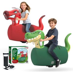 POVYRE Kids Boys Outdoor Toys, 2 PCS Giant Inflatable Dinosaur Bull Toys Bouncy Hopper with Pump, Ride-on Jumping Animal for Indoor Outdoor Play, 220 lbs Capacity, Gift for Ages 5+ (Green)