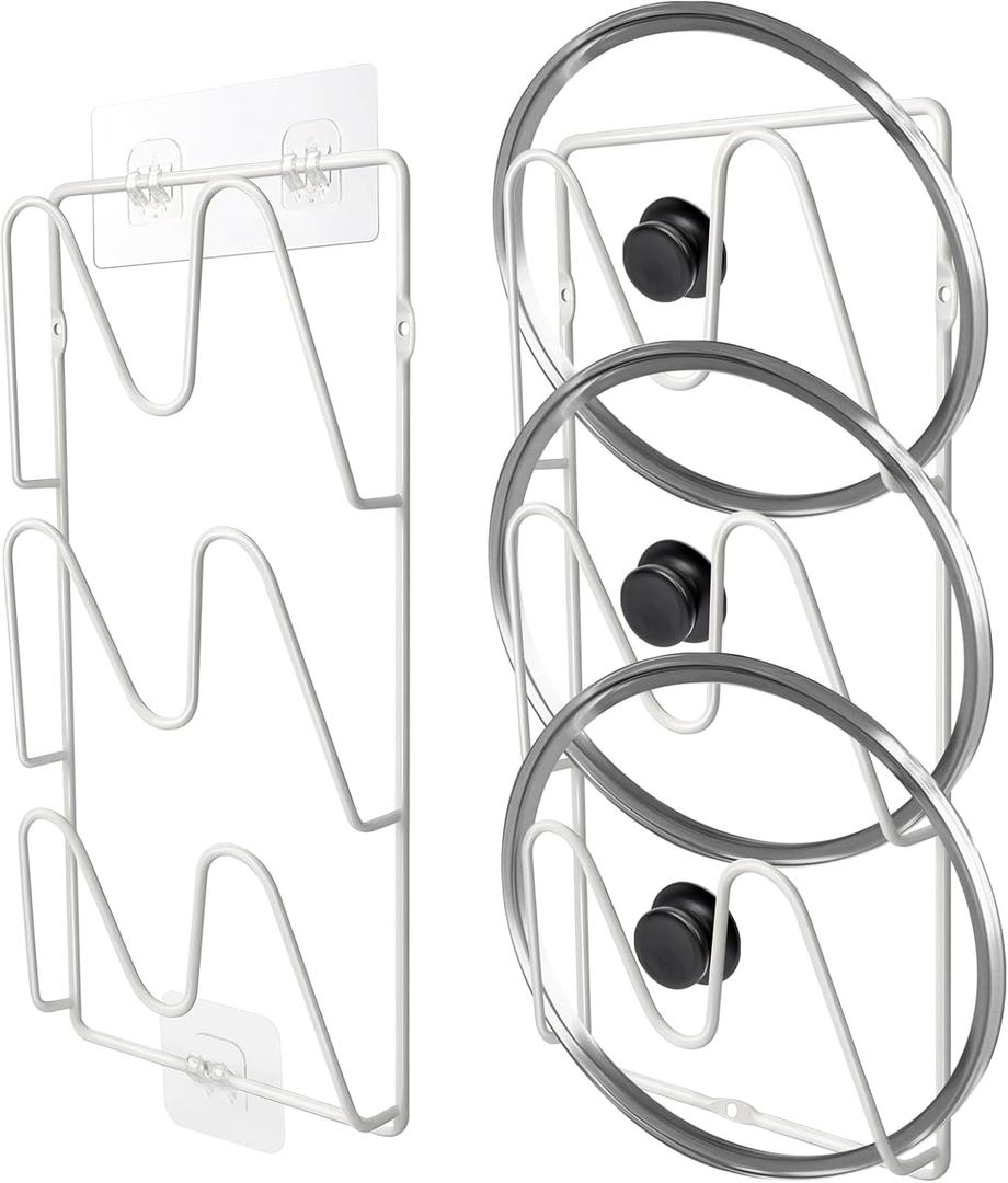 2 Pack Pot Lid Organizer Rack, 6-Tier Pot Lid Holder,No Drilling Required, Sticks To Smooth Walls/Doors, Rust-Resistant Pot Lids For Kitchen Storage (White)