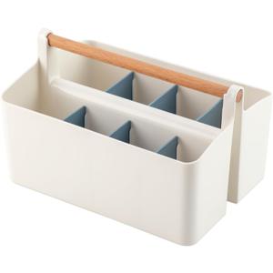 Large Portable Basket with Handle, Plastic Craft Storage Organizer Caddy Tote with Adjustable Divided for Makeup Art Supplies, Sewing, Colored Pencils-Blue