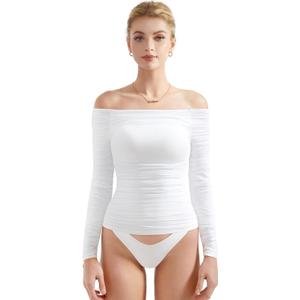 SUUKSESS Women Double Line Mesh Padded Tops Off The Shoulder Long Sleeve Shirts (White, S)