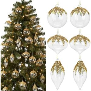Yerliker 12 Pcs Clear Christmas Glass Ball Ornaments Gold Sequined Glitter Ball Christmas Tree Decorations Hanging Xmas Glass Baubles for Holiday Xmas Tree Wedding Party Decor