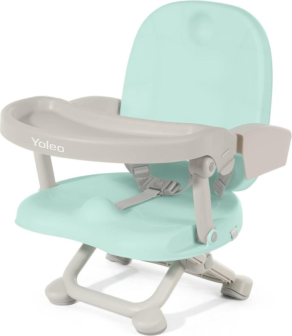 Yoleo Portable High Chair for Babies and Toddlers, Booster Seat for Dining Chair, 6 Months to 3 Years, 15 kg, Height Adjustable, Removable Tray (Green Without Cushion)