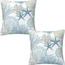Nautical Coastal Beach Pillow Covers 16x16 Set of 2, Ocean Themed Seashell Coral Starfish Throw Pillow Covers Outdoor Decorative Pillow Case for Couch Bed Sofa Cushion Home Decor