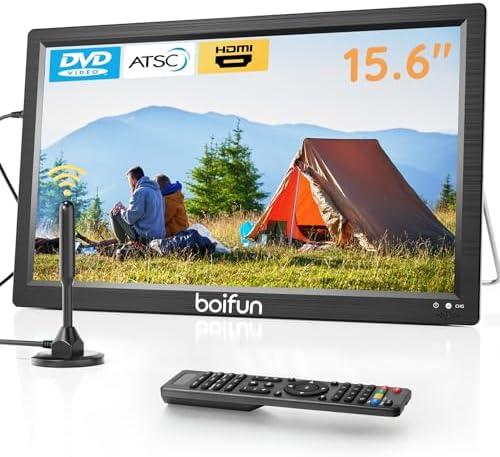 Boifun 15.6" Portable TV with Antenna, DVD Player Built-in, FM Radio, 5000mAh Battery, Support HDMI Input/USB/TF/AV Out and Multiple Disc Formats, Small TV DVD Combo for Camping Patio RV Kitchen,Black