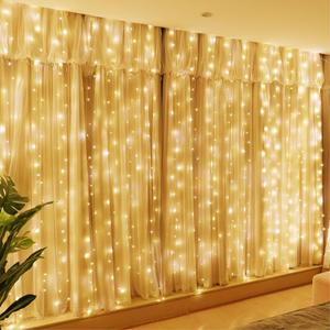 HXWEIYE 300LED Fairy Curtain Lights, 9.8x9.8Ft USB Plug-in 8 Modes Christmas String Hanging Lights with Remote for Bedroom Backdrop Wedding Indoor Wall Decor, Warm White, Standard – 1 Pack