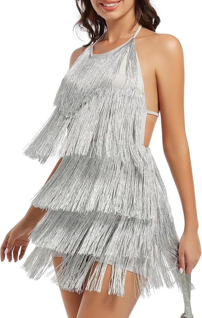 Ella Lust Sexy Backless Fringe Dress Jumpsuit - Western Country Concert Cowgirl Outfit for Women Nashville Tassel Romper (Small, Sparkly Silver)