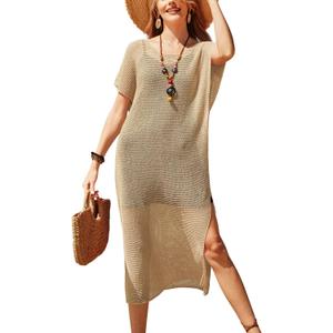 VOTEPRETTY Womens Two Piece Cover Ups Sets Crochet Beach Vacation Summer Swimwear Short Sleeve Outfits Split Knit Long Dress (L)