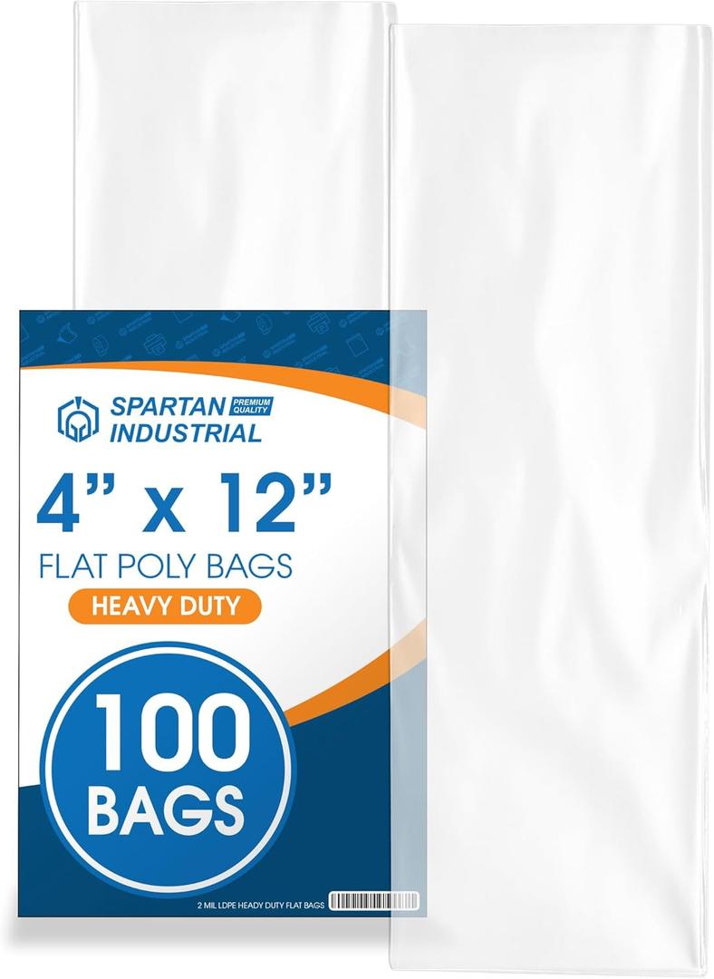 4" X 12" Open-End Flat Poly Bags (100 Count) - 2 Mil Clear Small Plastic Bags for Packaging, Shipping, Storage - No Adhesive Strip - Spartan Industrial