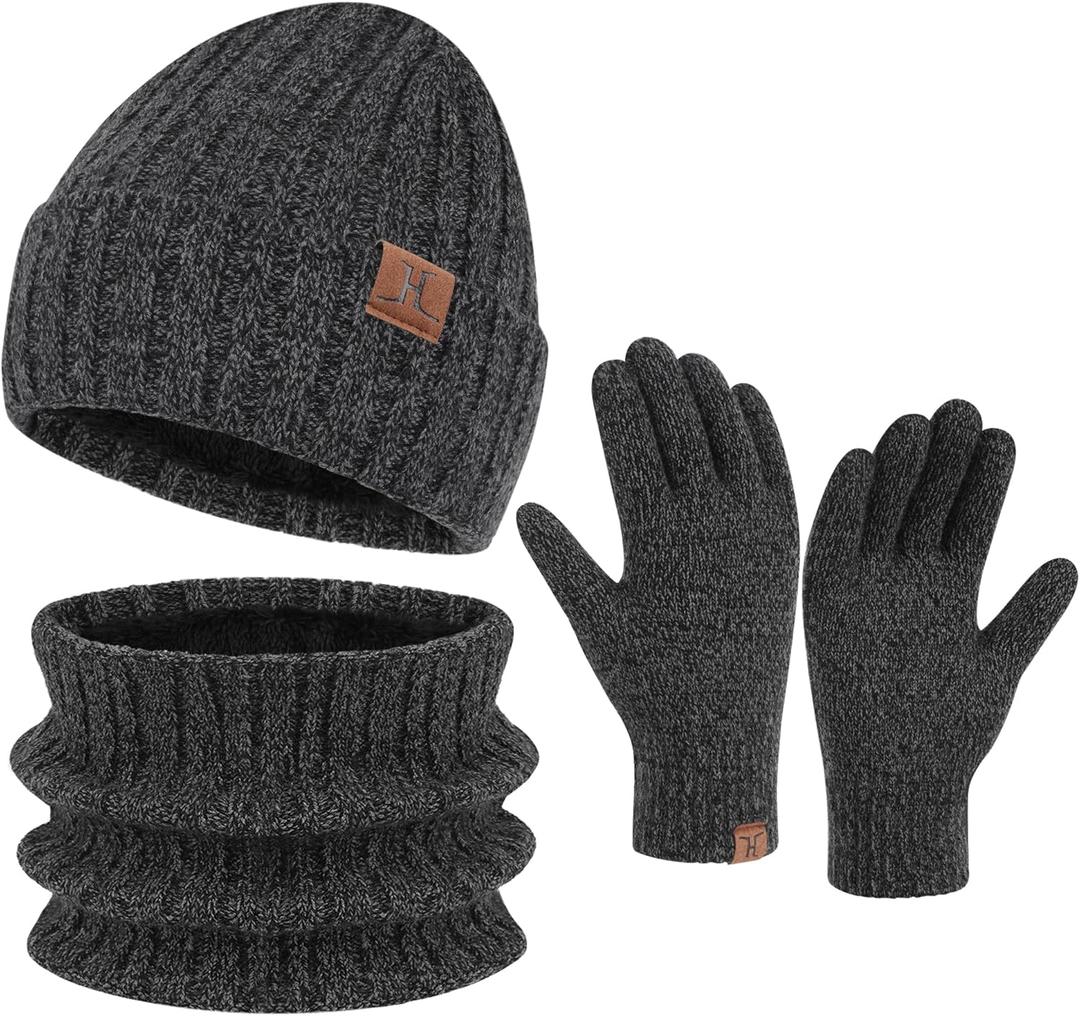 Men's Winter Knit Beanie Hat Touchscreen Gloves Neck Scarf Warmer Set, Warm Skull Cap with Fleece Lined Gifts for Men