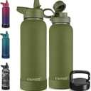 CIVAGO 40 oz Insulated Water Bottle With Straw, Stainless Steel Sports Water Cup Flask with 3 Lids (Straw, Spout and Handle Lid), Double Walled Travel Thermal Canteen Mug, Army Green