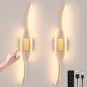 Modern LED Wall Sconce Set of Two, Battery Powered Wall Sconces Set of 2 with Timer, Gold Wall Light with Remote, LED Wall Lamp Indoor not Hardwired for Bathroom Living Room Bedroom Corridor, Battery Operated