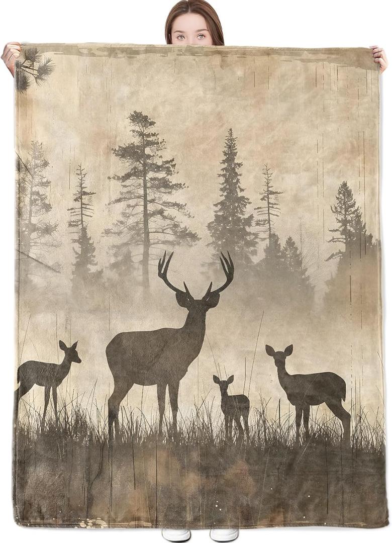 Vintage Deer Blanket Nature Wildlife Art with Rustic Forest Silhouette Throw Blankets Lightweight Flannel Throws for Camping Couch Chair Bed Home Decor Gifts for Animal Lover,60x50inch