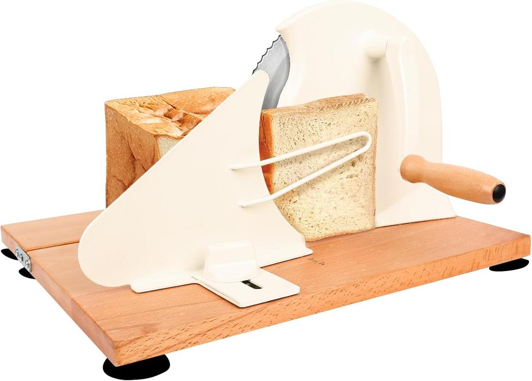 Heavy-Duty Bread Slicer Hand Crank with Foldable 14.6" Beech Base | Industrial 45# Steel & 601 Blade Cuts Tall Sourdough & Long Baguette | Metal Guide & Adjustable Thickness,Scale Line and Suction Cup