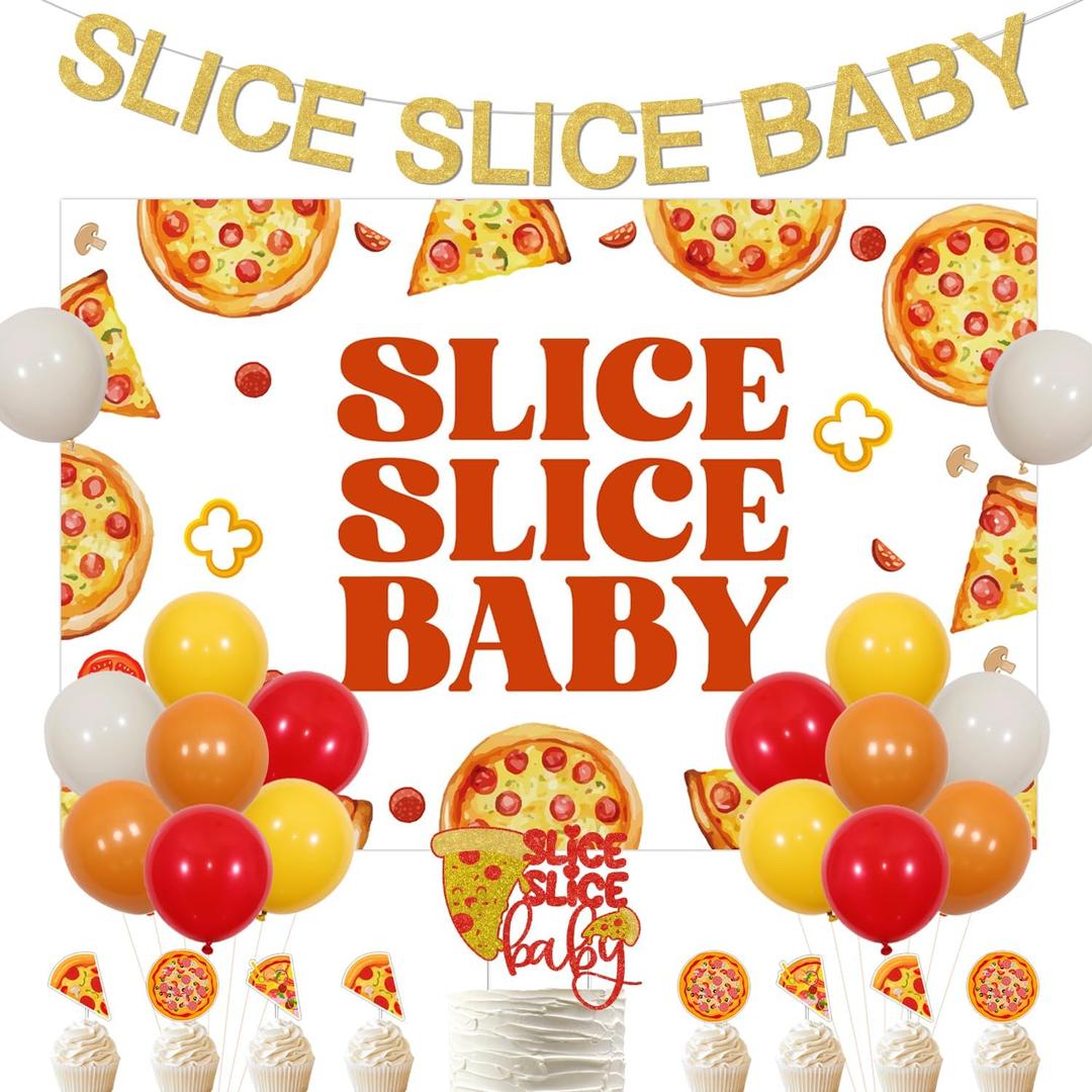 Pizza Themed Baby Shower Decorations Slice Slice Baby Banner Backdrop Cake Toppers for Fast Food Pizza Party Time Decor Slice Slice Baby Shower Supplies