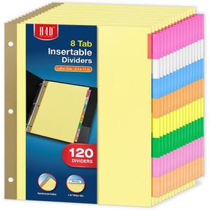 H4D 120 Pack Insertable Binder Dividers with 8 Tabs, Multicolor Tab Dividers for 3-Ring Binder, Gold-Reinforced Holes, Letter Size