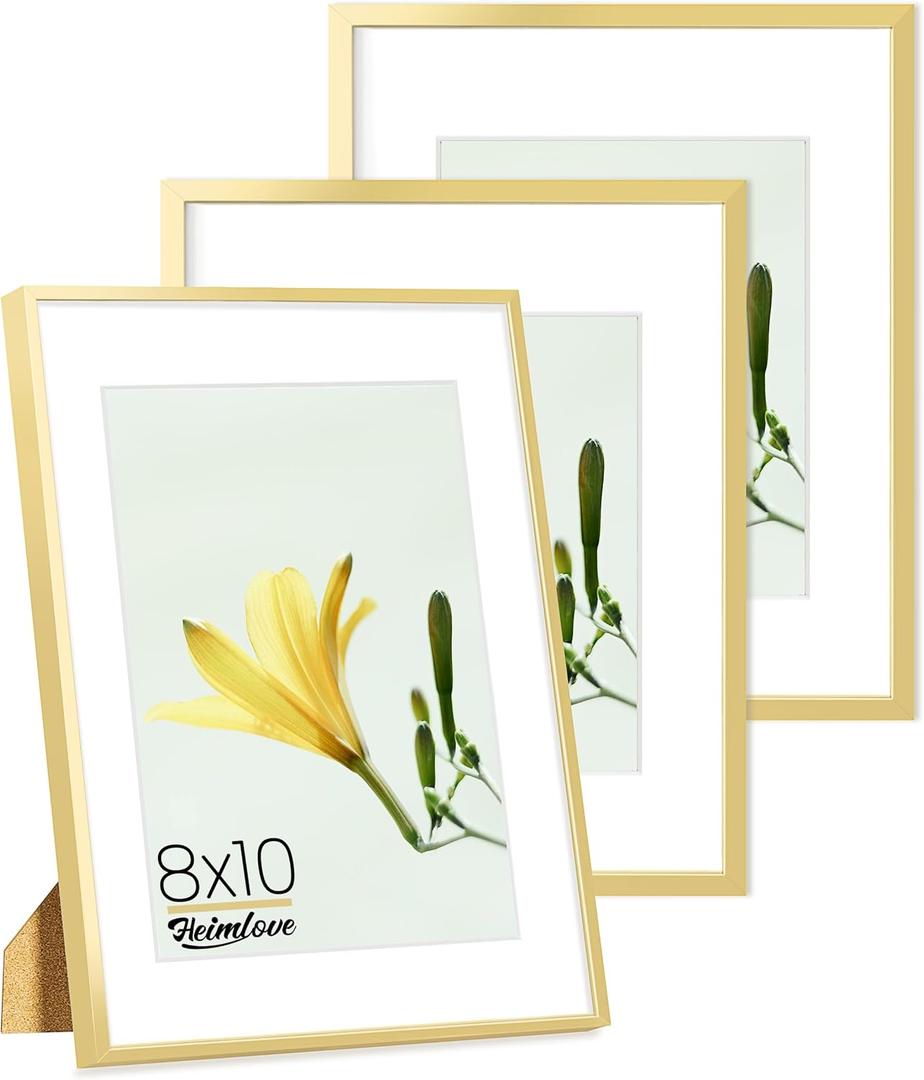 Metal Picture Frame, Aluminum Photo Frames, 5x7 with Mat or 8 x 10 Without Mat, for Table Top Display and Wall Mounting, Wall Hook Hanging Hardware Included - (Gold, 3 Pack)