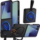 360 Spin Magnetic Stand for Z Flip 7 Case,Ring Holder Stand with Silicone Strap,Fit for MagSafe Shockproof Translucent Matte Phone Case for Samsung Galaxy Z Flip 7 (Black)