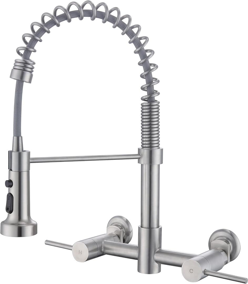Wall Mount Kitchen Faucet, 8 Inch Center Wall Mount Kitchen Sink Faucet with Pull Down Sprayer Commercial, Brushed Nickel