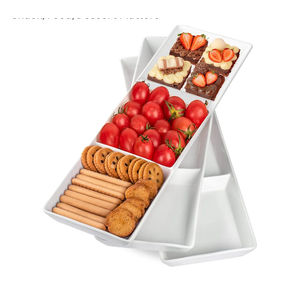 DELLING 16" x 5" Ceramic 3-Section Stackable Serving Tray, Serving Platter Set of 3, 3 Compartment Appetizer Serving Tray, White Divided Serving Dishes, Snack, Food, Dessert Platters