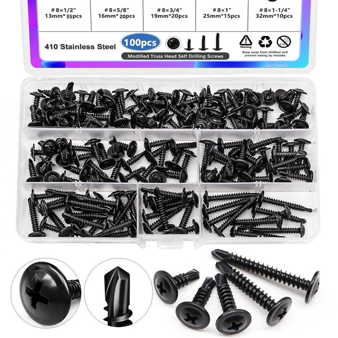 #8 Self Tapping Screws,410 Stainless Steel Self Tapping Screws for Metal,Modified Truss Head Self Drilling Screws(1/2",5/8",3/4",1",1-1/4") Sheet Metal Screws for Metal