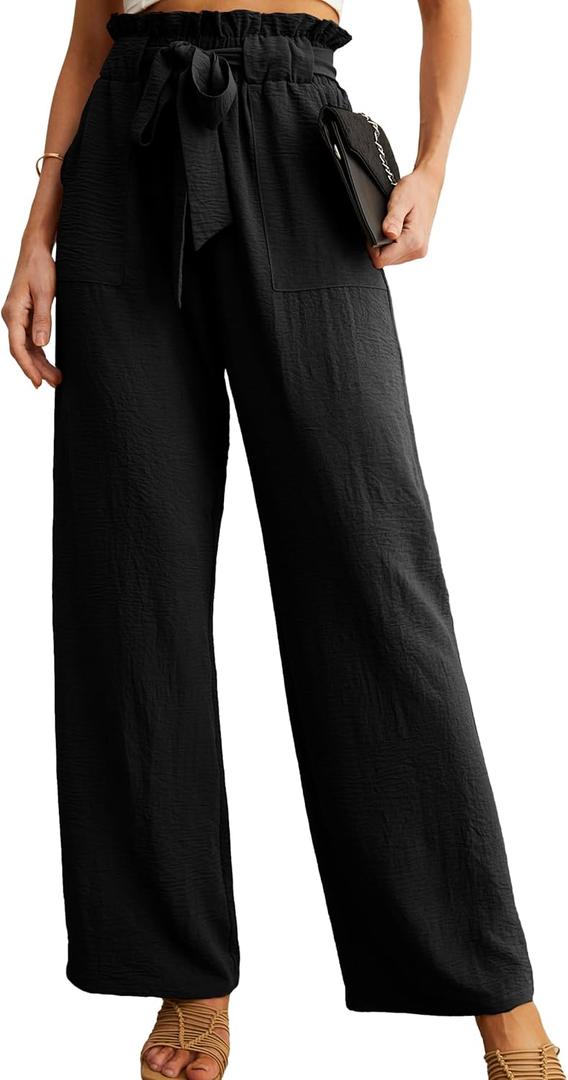 IWOLLENCE Women's Wide Leg Pants with Pockets High Waist Adjustable Knot Loose Casual Trousers Business Work Casual Pants (01 Pitch-black) XS