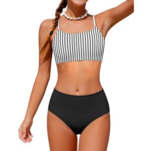 Boiltcat Girls Bathing Suits Size 13-14 Black Striped Print Swimsuits for Teen Girls Adjustable Straps High Waisted 3 Piece Girl Bikini with Cover Up 13-14 Years