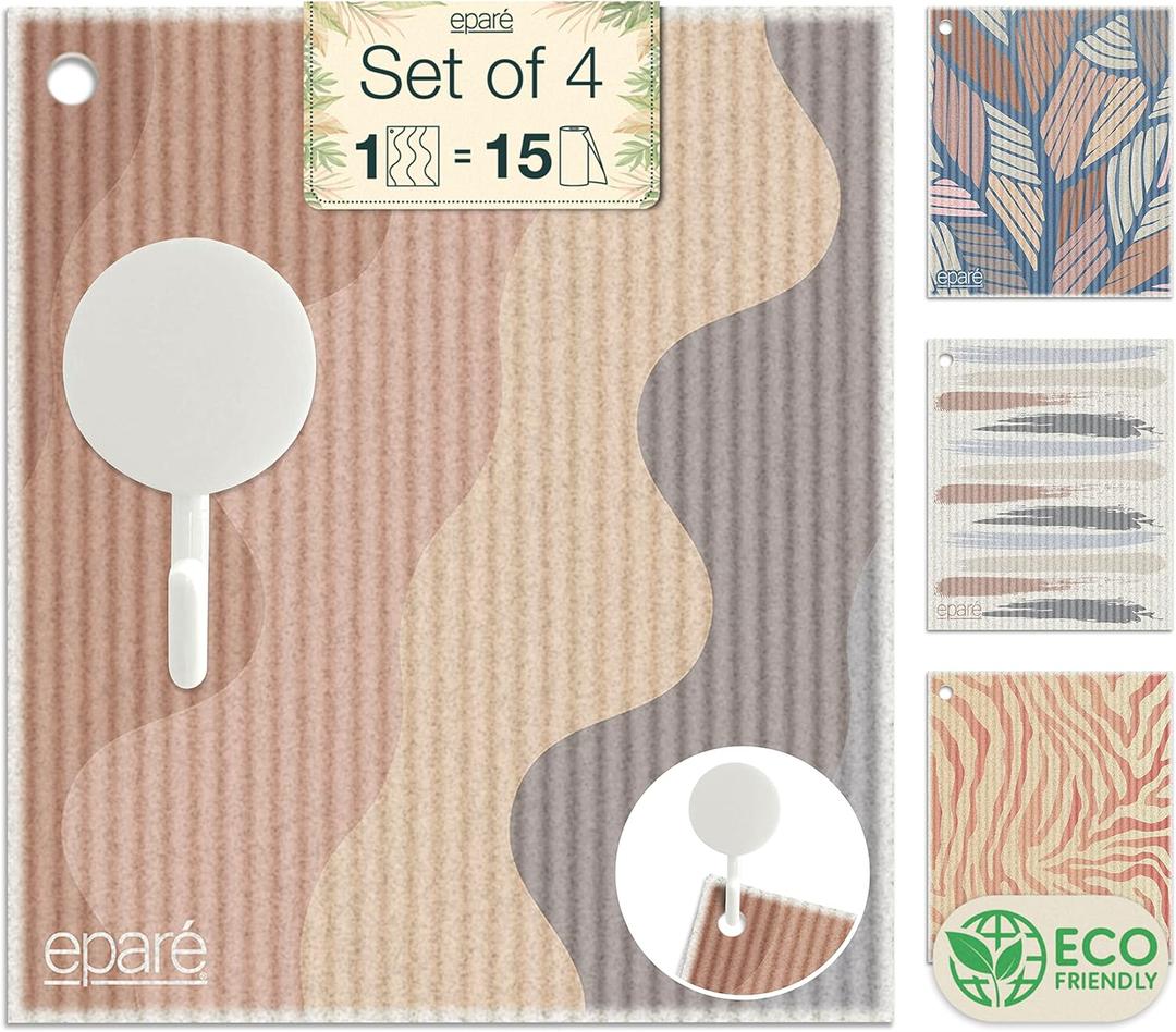 Epar Swedish Reusable Paper Towels with Hook - 4 Pack Swedish Dishcloths for Kitchen - Swedish Washcloths & Dish Cloths for Washing Dishes Odor Free
