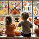 136 Pcs Fall Window Clings Decoration Thanksgiving Harvest Window Clings Cute Cartoon Turkey Pumpkin Leaf Stickers for Party Classroom Home Office Decoration