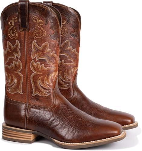 Palitutu Cowboy Boots For Men Full Cowhide Leather Western Square Toe Mid-Calf Mid-Calf Pull on Classic Embroidered Boot, Size 8.5D