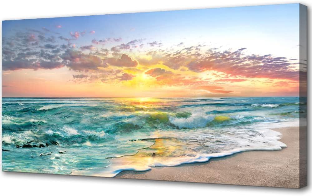 Ocean Beach Pictures for Wall Decor- Wall Art for Living Room Large Size Above Bed- Framed Teal Blue Beach and Sand Pictures Canvas Print Art for Bedroom Home Office Wall Dcor 48"x24" (47.3"L x 23.6"W)